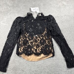 NWT WAYF Women's Emma Long Puff Sleeve Sheer Lace Mock Neck Top Black Size XS